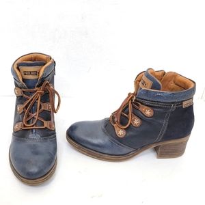 Pikolinos Blue Ankle Boots Lace Up Booties Leather Block Heel Size 37